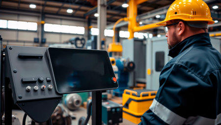 Engineer operating industrial machine with a touchscreen control panel in a factory.の素材