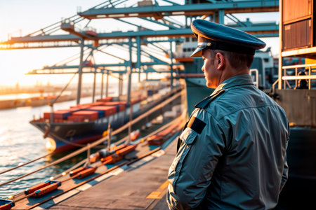 Port officer watching a container ship at a commercial shipping dock.の素材