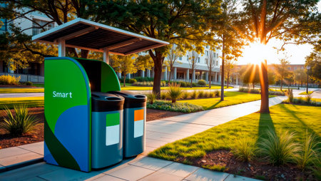 Smart recycling and trash bins with a solar panel on a city sidewalk.の素材