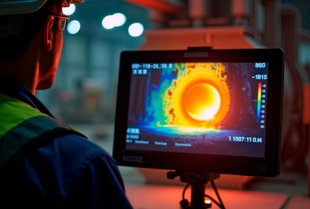 Engineer monitoring thermal imaging of an industrial furnace on a screen.の素材