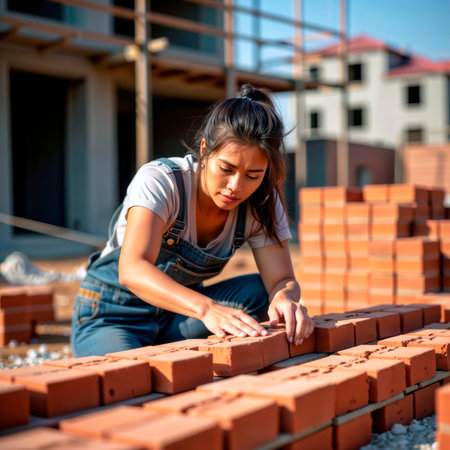 Female construction worker laying red bricks at a building site.の素材
