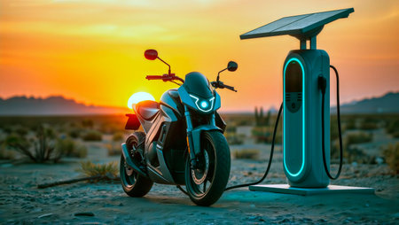 Electric motorcycle at a solar powered EV charging station in a desert at sunset.の素材