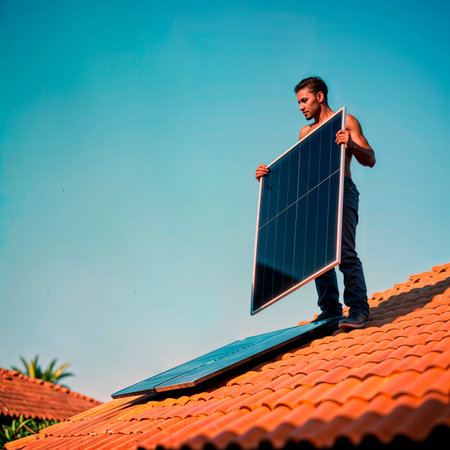 Man installing a photovoltaic solar panel on a red tile roof on a sunny day.の素材