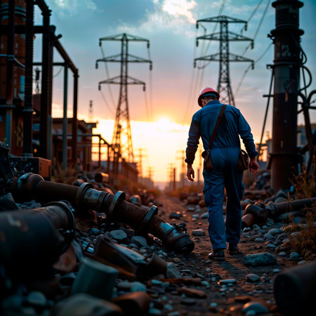 Worker in hard hat walking through industrial site with power lines at sunset.の素材