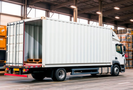 White box truck with an open rear container door inside a modern logistics warehouse.の素材