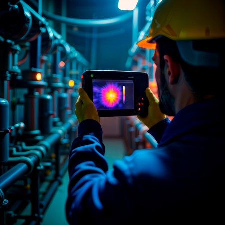 Engineer inspecting pipes with a thermal imaging camera in a factory.の素材