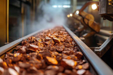 Raw iron ore moving on a conveyor belt in a steel production plant.の素材