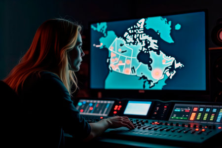 Woman at a control console analyzing a digital map in a dark command center.の素材
