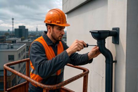 Roofer installing roof gutter from aerial lift.の素材