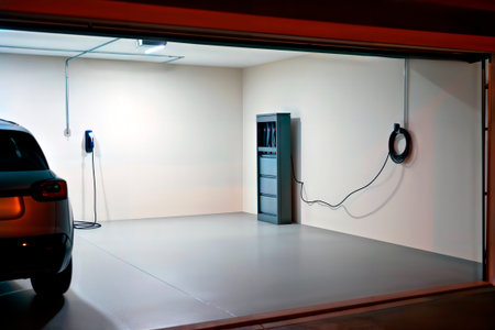 Electric car charging next to home battery storage system in modern garage.の素材