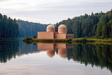 Nuclear power plant with twin reactors reflected in a calm lakeside setting.の素材