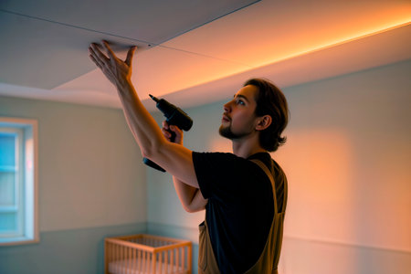 Man installing LED ceiling panel with a cordless drill in a nursery room.の素材