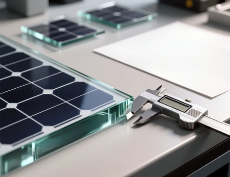 Digital caliper measuring a solar cell on a laboratory workbench. Space for text.の素材