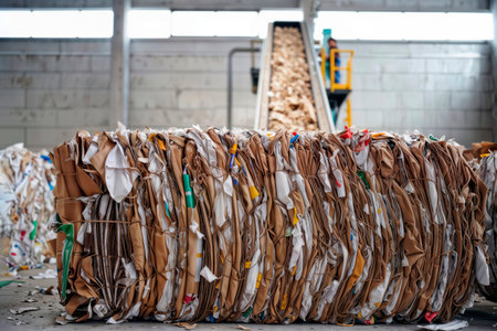 Bale of compressed cardboard and paper at a recycling plant.の素材