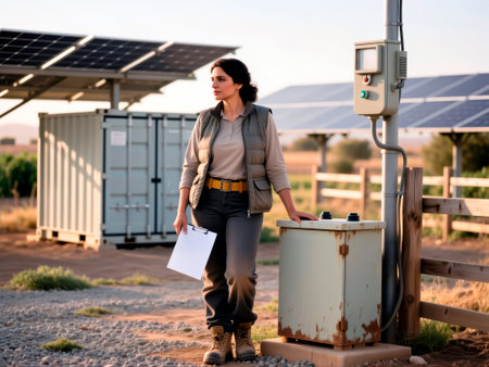Female engineer inspecting a rural solar farm installation with a control box.の素材