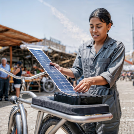 Woman installing flexible solar panel on electric bicycle outdoors.の素材