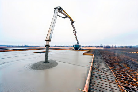 Concrete pump truck pouring a wet cement slab at a construction site.の素材