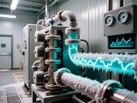 Cryogenic pipes with data monitoring on a screen in a high-tech factory.の素材