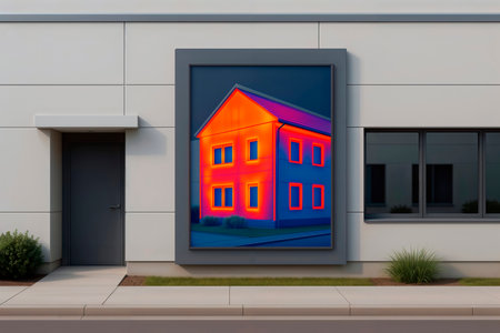 Billboard on modern building showing thermal image of house heat loss analysis.の素材