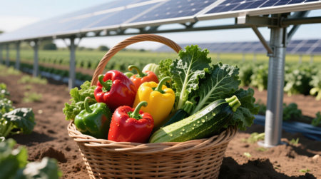 Basket of fresh vegetables from a harvest on a solar panel farm.の素材
