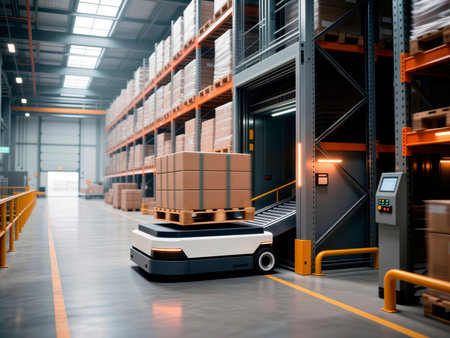 Autonomous mobile robot with a pallet of boxes in a modern logistics warehouse.の素材