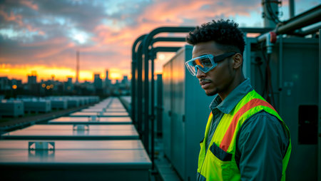 Technician standing by rooftop energy storage units against a city skyline at sunset.の素材