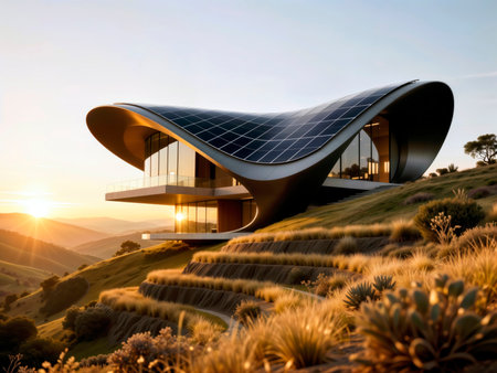 Modern futuristic house with solar panel roof on a hillside at sunset.の素材