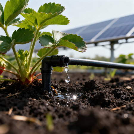 Drip irrigation watering strawberry plant with solar panel in field.の素材