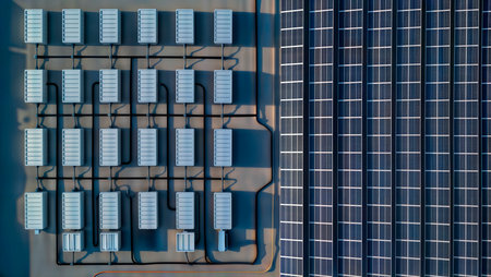 Aerial view of solar panels and a battery energy storage system grid.の素材