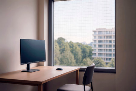 Minimalist home office with computer monitor on desk by window. Space for text.の素材