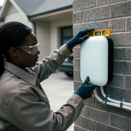 Technician installing an EV charging station on a residential brick wall. Space for text.の素材