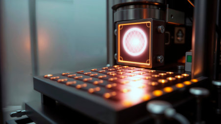 Close-up of an automated quality control sensor on industrial machinery.の素材