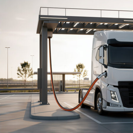 White electric truck charging at covered station in a depot.の素材
