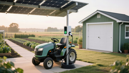 Electric tractor charging at a solar panel powered station in garden.の素材