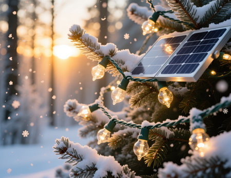 Solar powered lights on a snow covered christmas tree branch at sunset.の素材