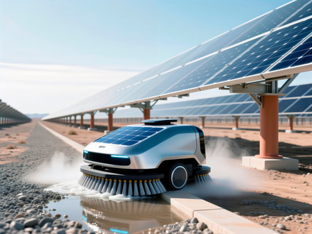 Autonomous robot cleaning a long row of solar panels at a desert solar farm.の素材