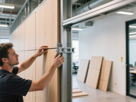 Installer fitting a modular wood panel to a metal frame in an office build.の素材