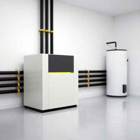 Modern heat pump and hot water heater in a clean utility room. Space for text.の素材