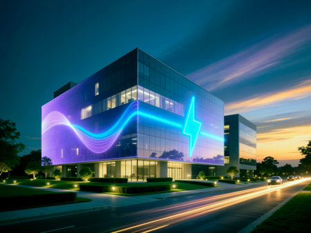 Modern office building with a glowing energy graphic on the glass facade at dusk.の素材