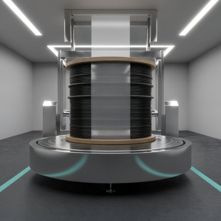 Large industrial spool of black cable on a turntable in a modern facility.の素材