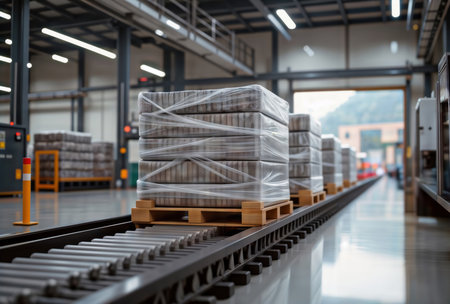 Wrapped pallets moving on roller conveyor system in warehouse.の素材