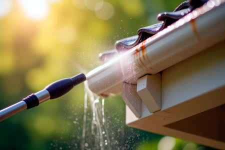 Pressure washing dirty house gutter with cleaning wand.の素材