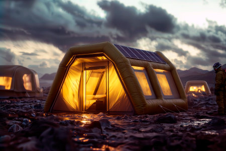 Solar-powered inflatable shelter on a rocky, muddy terrain at dusk.の素材