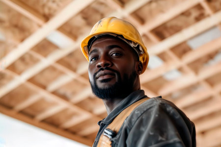 Headshot of a Black construction worker wearing a yellow hard hat.の素材