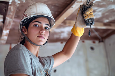Female construction worker in a hard hat inspecting wiring on a ceiling.の素材