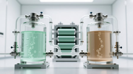 Redox flow battery with green and yellow electrolytes in a clean technology laboratory.の素材