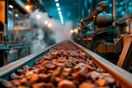 Conveyor belt moving brown rocks in an industrial facility.の素材