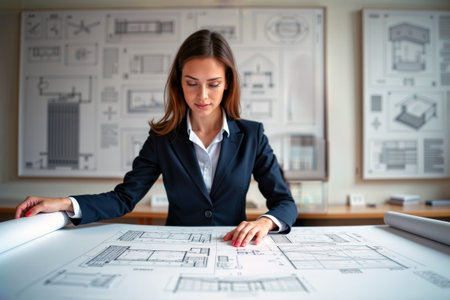 Architect reviewing building blueprints at a desk in her office.の素材