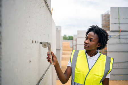 Woman technician inspecting a precast concrete wall with a testing device.の素材