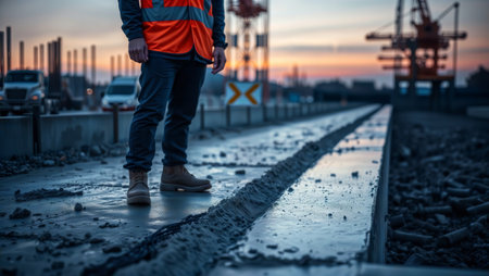 Construction worker in a safety vest on a concrete jobsite at sunset.の素材
